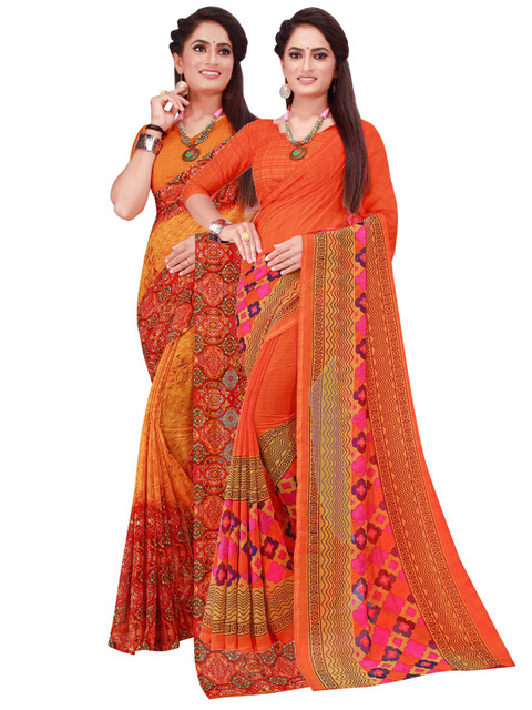 

KALINI Pack Of 2 Orange & Red Geometric Printed Sarees