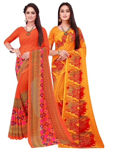 

KALINI Pack of 2 Orange & Yellow Pure Georgette Sarees