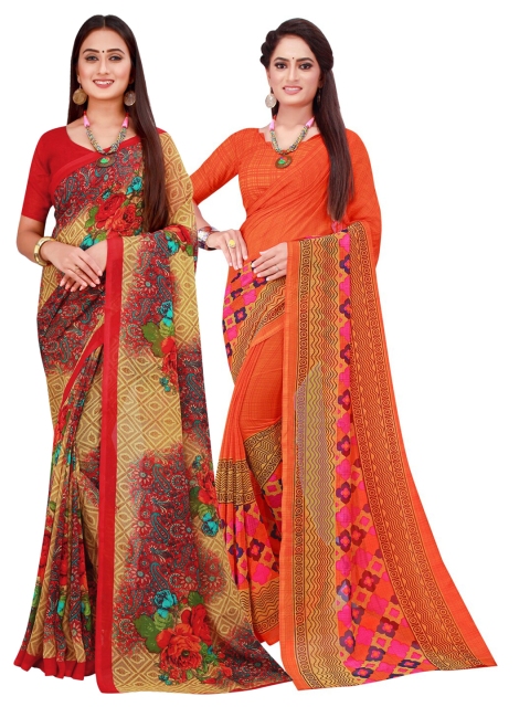 

KALINI Orange & Brown Set Of 2 Floral Pure Georgette Saree