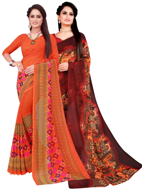 

KALINI Pack of 2 Orange & Maroon Pure Georgette Sarees