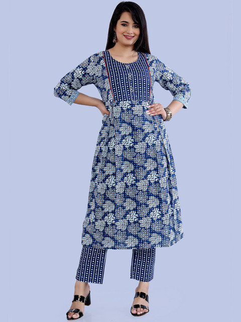 

PNEHA Women Blue Yoke Design Pleated Kurti with Trousers