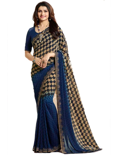 

VILAM Blue & Beige Pure Georgette Block Print Saree