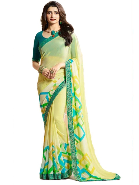

VILAM Yellow & Green Pure Georgette Block Print Saree