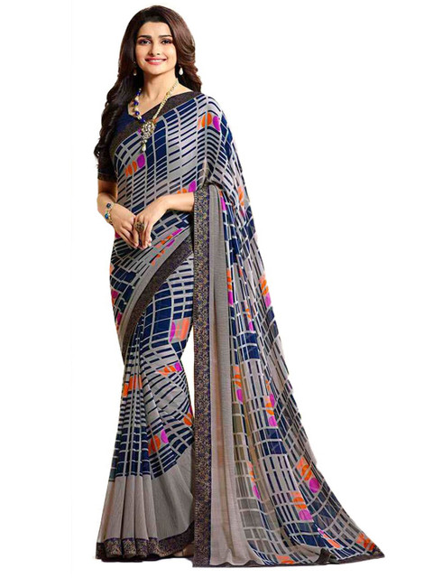 

VILAM Blue & Taupe Checked Pure Georgette Block Print Saree