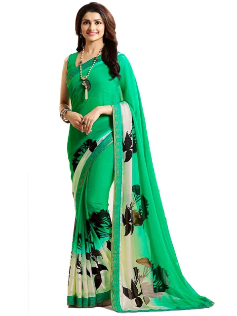 

VILAM Green & Black Floral Pure Georgette Block Print Saree