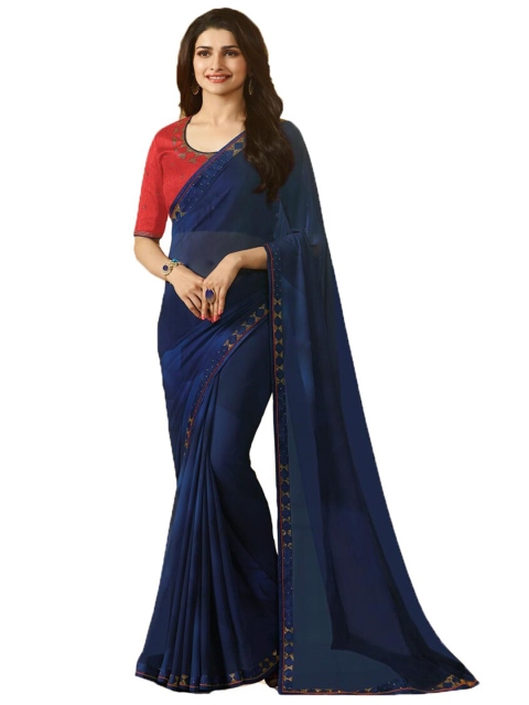 

VILAM Navy Blue & Gold-Toned Pure Georgette Block Print Saree