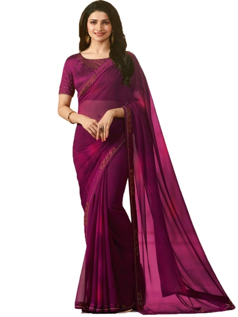 

VILAM Purple & Golden Solid Pure Georgette Saree