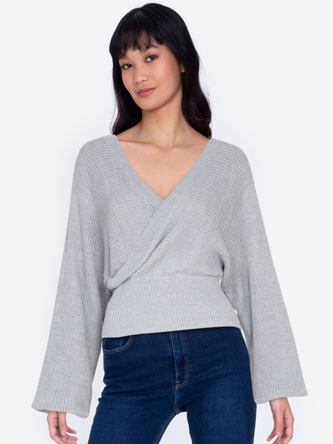 

ZALORA BASICS Women Grey Ribbed Overlap Knit Sweater