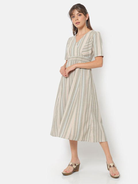 

Saaki Beige Striped A-Line Midi Dress