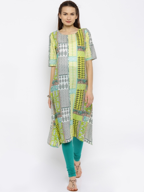 

Melange by Lifestyle Women Green & Yellow Printed Straight Kurta