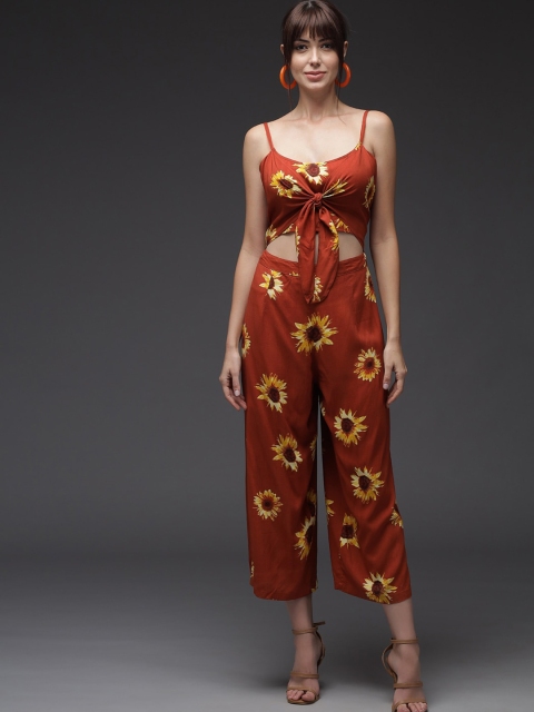 

Darzi Coffee Brown & Yellow Organic Cotton Printed Culotte Jumpsuit