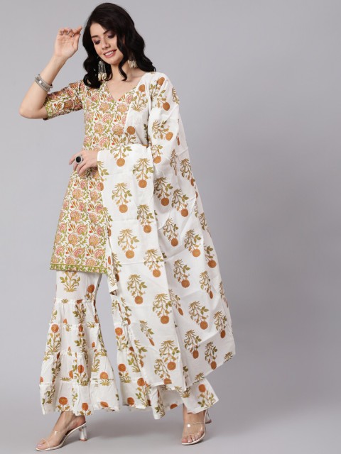 

Awadhi Women White Floral Printed Pure Cotton Kurti with Palazzos & With Dupatta