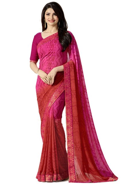 

VILAM Pink Floral Printed Zari Pure Georgette Block Print Saree