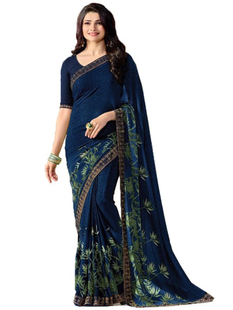 

VILAM Blue & Green Floral Pure Georgette Block Print Saree
