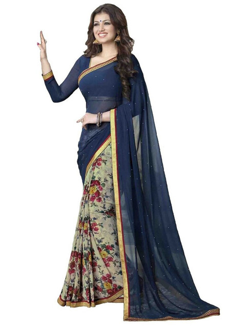 

VILAM Navy Blue & Grey Floral Beads and Stones Pure Georgette Block Print Saree
