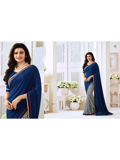 

VILAM White & Blue Pure Georgette Printed Saree