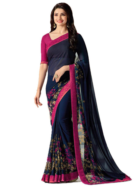 

VILAM Navy Blue & Pink Floral Pure Georgette Saree