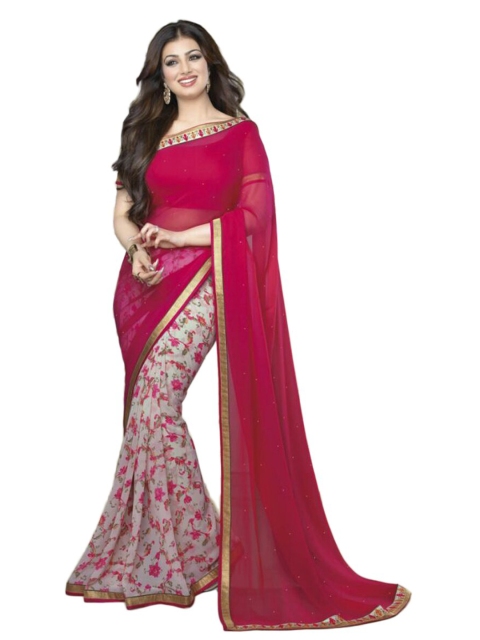 

VILAM Pink & Beige Floral Printed Pure Georgette Block Print Saree