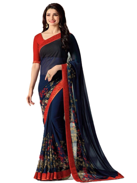 

VILAM Blue & Red Floral Pure Georgette Saree