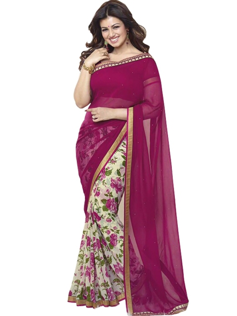 

VILAM Pink & Green Floral Block Printed Saree