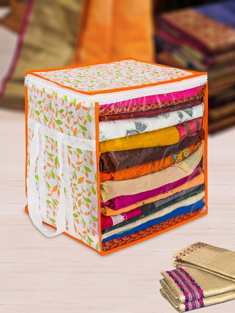 

prettykrafts Orange Printed Saree Organizer With Handles And Transparent Front
