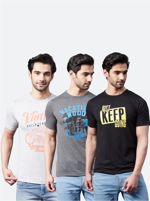 

Rigo Men Black & Grey Typography 3 Printed T-shirt