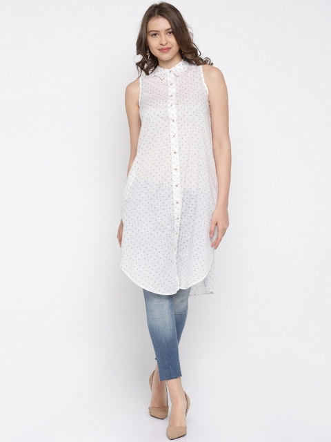 

AND White & Green Polka Dot Print Sheer Tunic