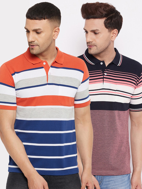 

FirstKrush Men Orange & Pink 2 Striped Polo Collar T-shirt