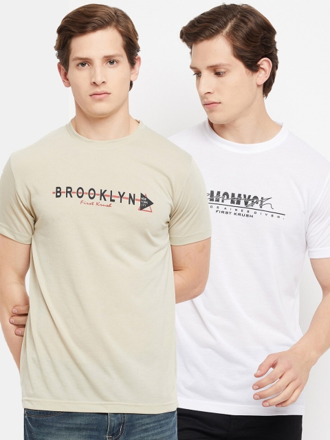 

FirstKrush Men Beige & White Typography 2 Printed Applique T-shirt