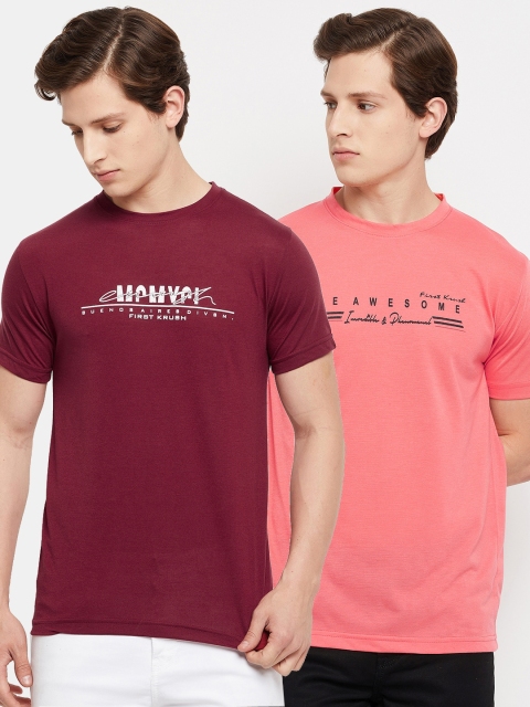 

FirstKrush Men Set Of 2 Maroon & Peach-Coloured Typography Printed T-shirt