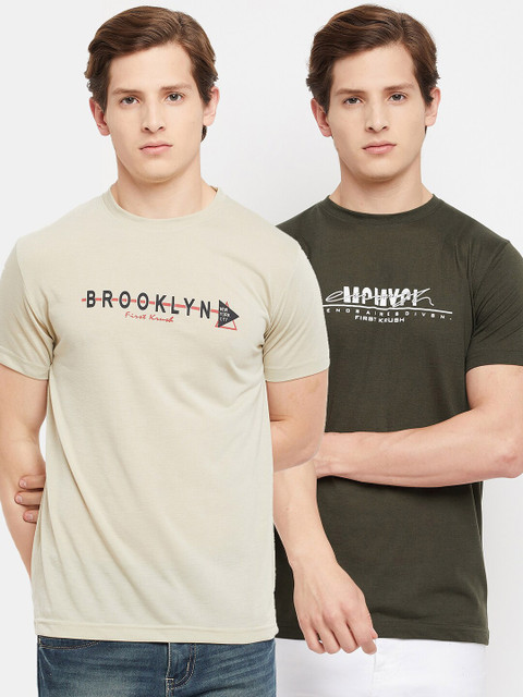 

FirstKrush Men Beige & Olive Green Typography 2 Printed T-shirt