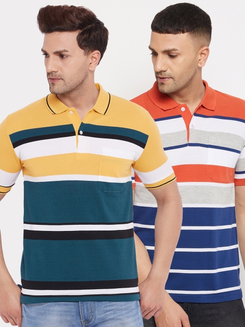 

FirstKrush Men Mustard Yellow & Blue 2 Striped Polo Collar T-shirt