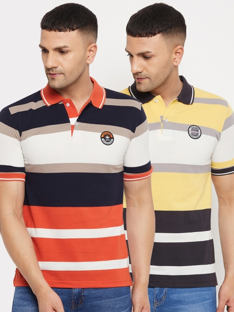 

FirstKrush Men Navy Blue & Orange 2 Striped Polo Collar T-shirt