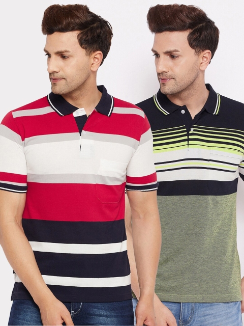 

FirstKrush Men Red & Navy Blue 2 Striped Polo Collar T-shirt