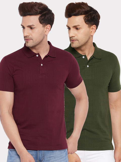

FirstKrush Men Set Of 2 Maroon & Olive Green Polo Collar T-shirt