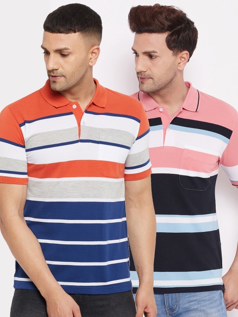 

FirstKrush Men Set Of 2 Orange & Pink Striped Polo Collar T-shirt
