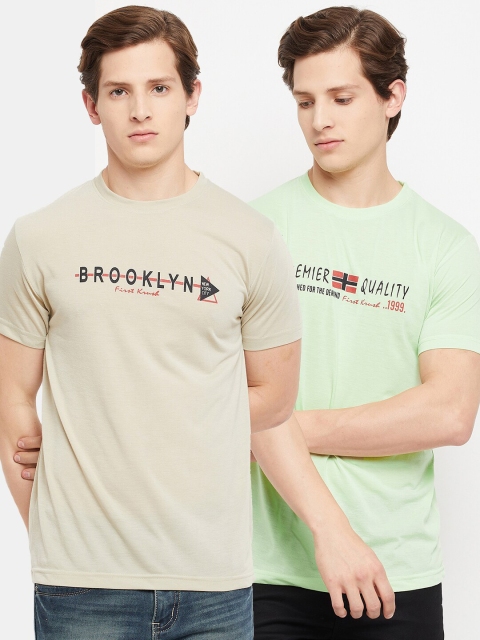 FirstKrush Men Beige & Green Typography 2 Printed T-shirt