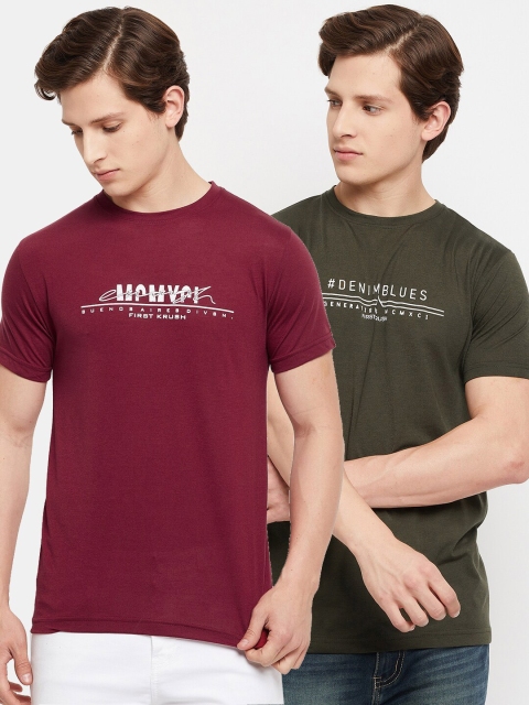 

FirstKrush Men Maroon & Olive Green Typography 2 Printed T-shirt