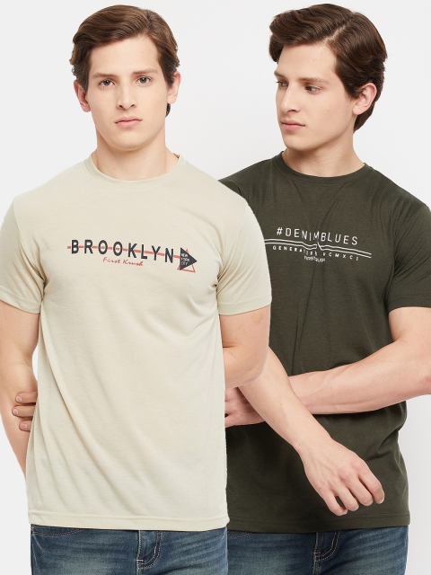 

FirstKrush Men Beige & Olive Green Typography 2 Printed T-shirt