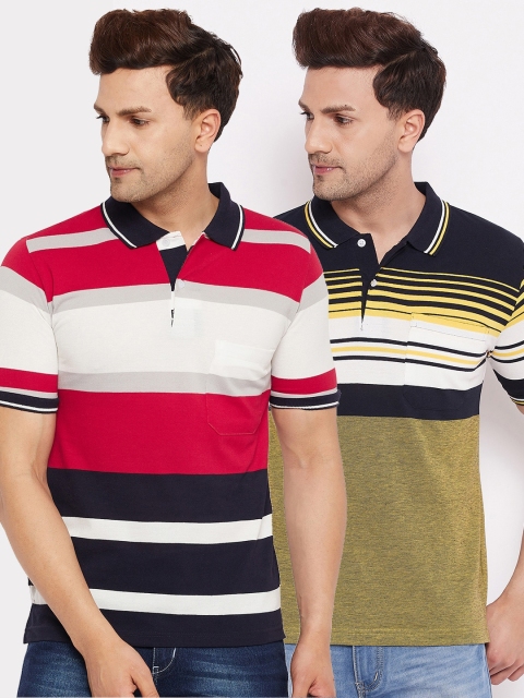

FirstKrush Men Red & Mustard Yellow 2 Striped Polo Collar T-shirt