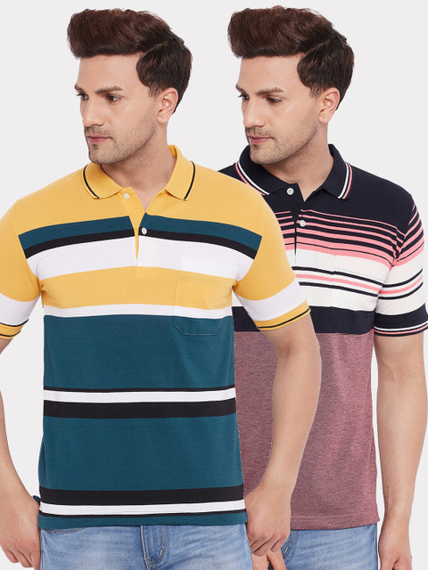 

FirstKrush Men Mutli color Pack Yellow Striped and Pink Striped of 2 Polo Collar T-shirt