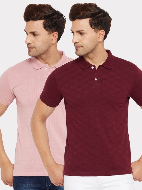 

FirstKrush Men Maroon & Pink 2 Polo Collar T-shirt