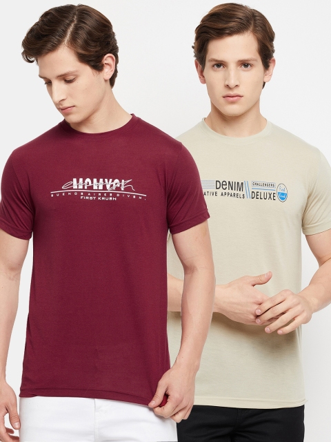 

FirstKrush Men Set Of 2 Maroon & Beige Typography Printed T-shirt