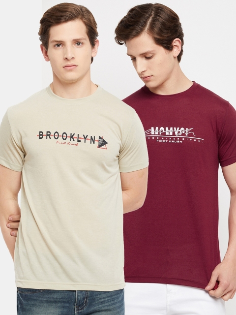 

FirstKrush Men Set Of 2 Beige & Maroon Typography Printed T-shirt