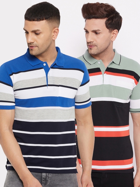 

FirstKrush Men Set Of 2 Blue & Green Striped Polo Collar T-shirt