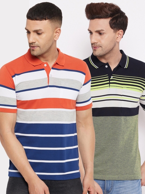 

FirstKrush Men Orange & Olive Green Multicolor 2 Striped Polo Collar T-shirt