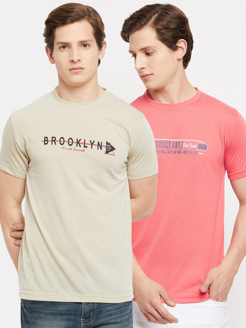 

FirstKrush Men Set Of 2 Beige & Peach-Coloured Typography Printed Applique T-shirt