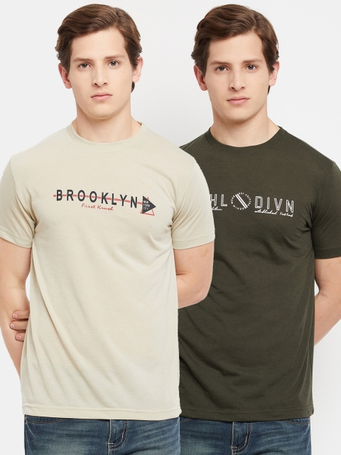 

FirstKrush Men Beige & Olive Green Typography 2 Printed T-shirt