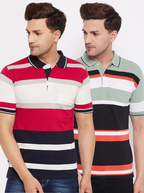 

FirstKrush Men Set Of 2 Red & Black Striped Polo Collar T-shirt