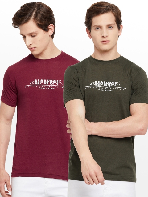 

FirstKrush Men Maroon & Olive Green Typography 2 Printed T-shirt